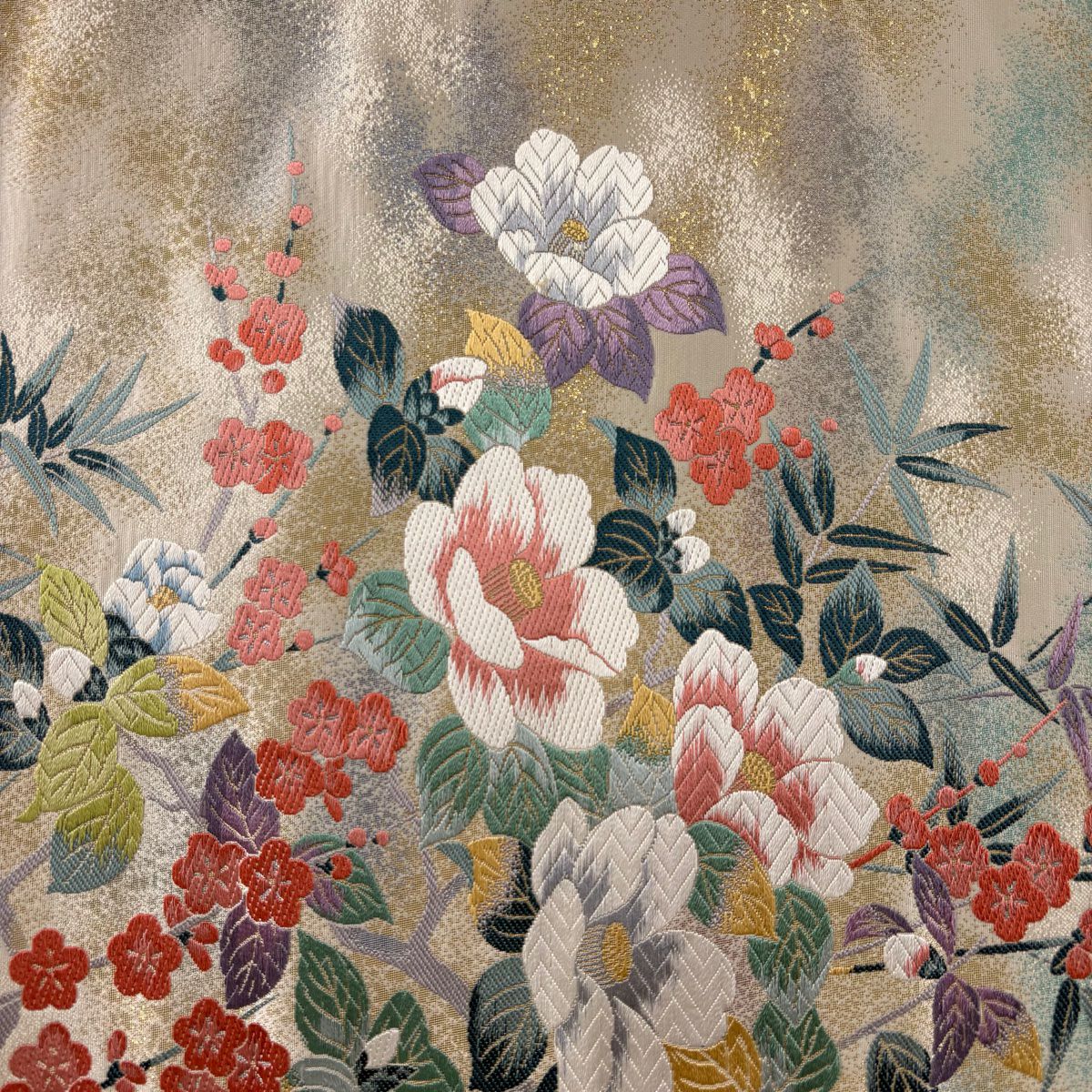 【美品】 袋帶 秀品級 關西仕立 紅椿 梅花花 刺繡 金金箔 米色 六通 純蠶絲