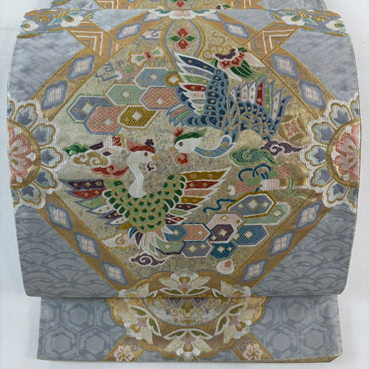 袋帶 秀品級 華紋 鳥 金絲 金金箔 青灰 六通 純蠶絲