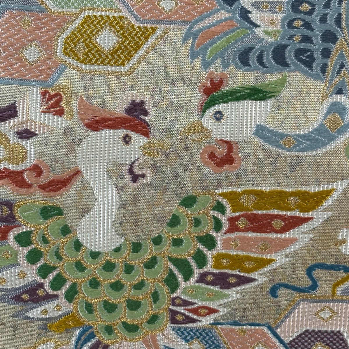 袋帶 秀品級 華紋 鳥 金絲 金金箔 青灰 六通 純蠶絲