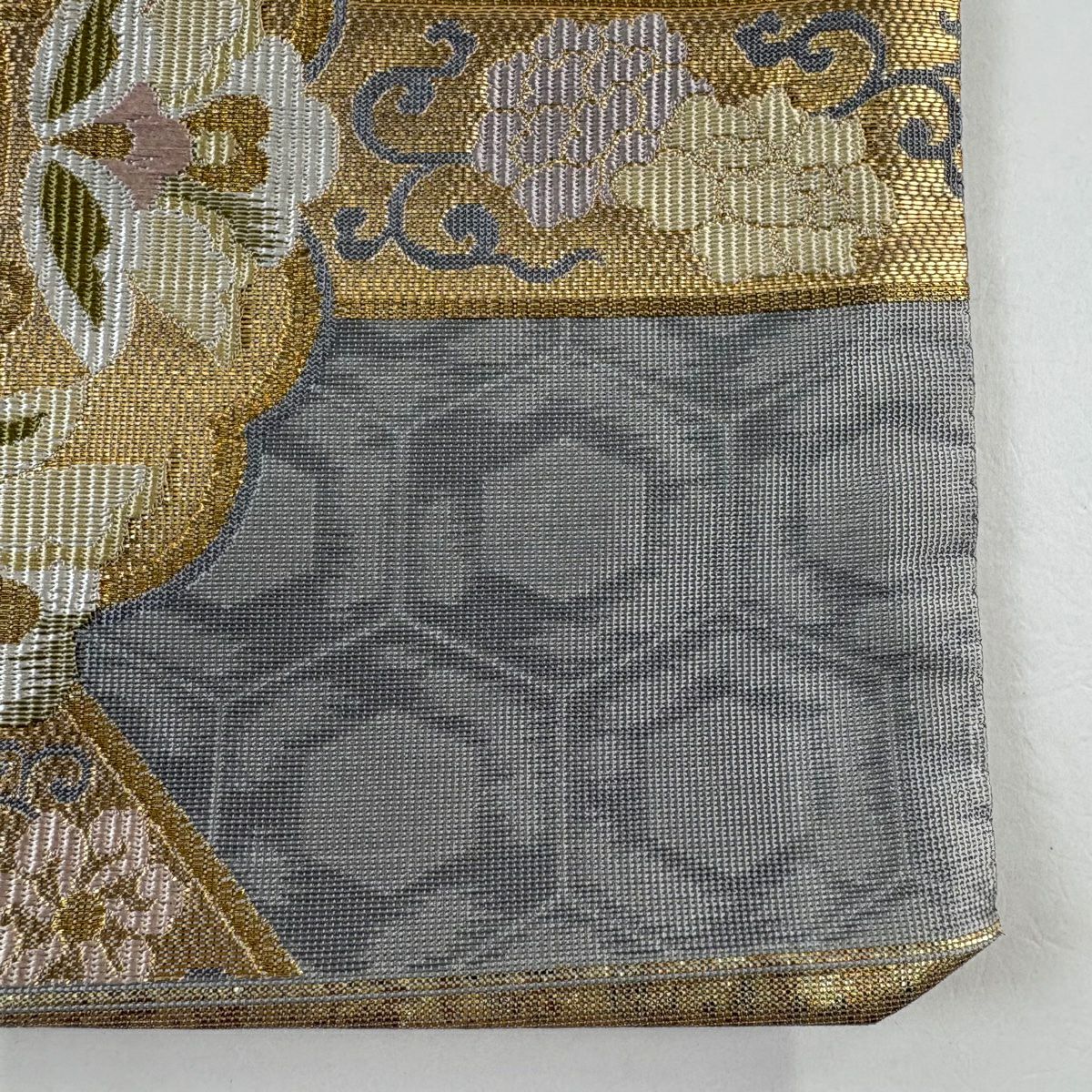 袋帶 秀品級 華紋 鳥 金絲 金金箔 青灰 六通 純蠶絲
