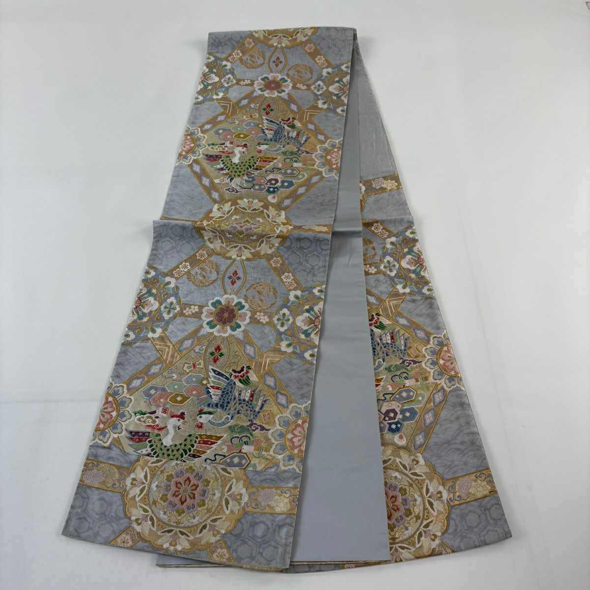 袋帶 秀品級 華紋 鳥 金絲 金金箔 青灰 六通 純蠶絲