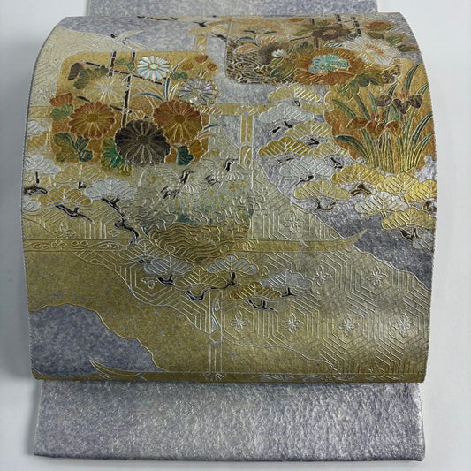 袋帶 秀品級 松樹 花鳥 金銀彩 銀絲 銀色 大鼓圖案 純蠶絲