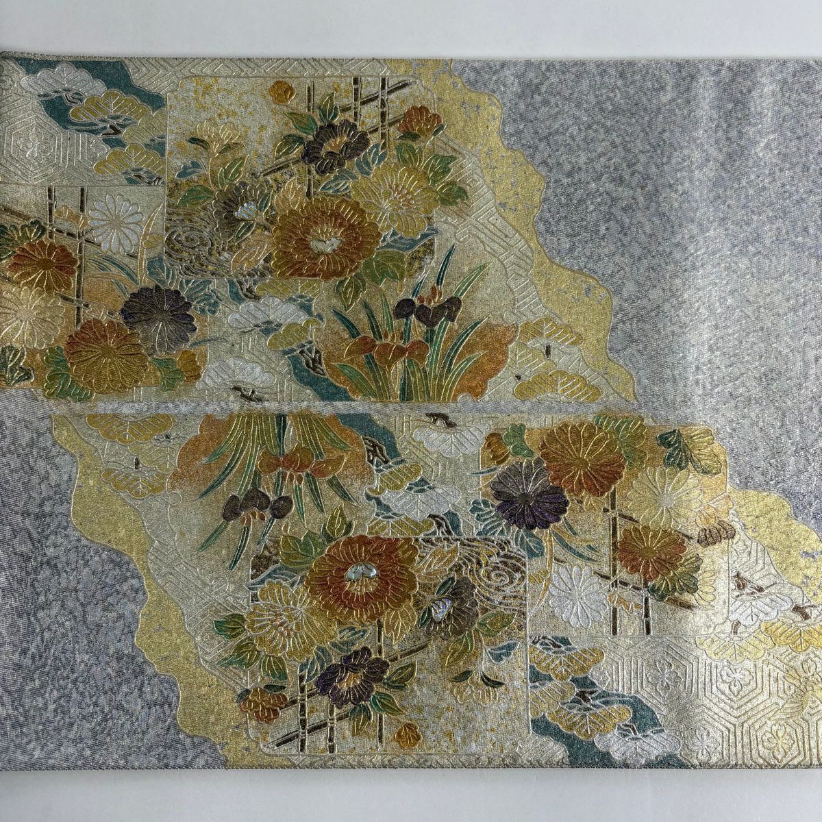 袋帶 秀品級 松樹 花鳥 金銀彩 銀絲 銀色 大鼓圖案 純蠶絲