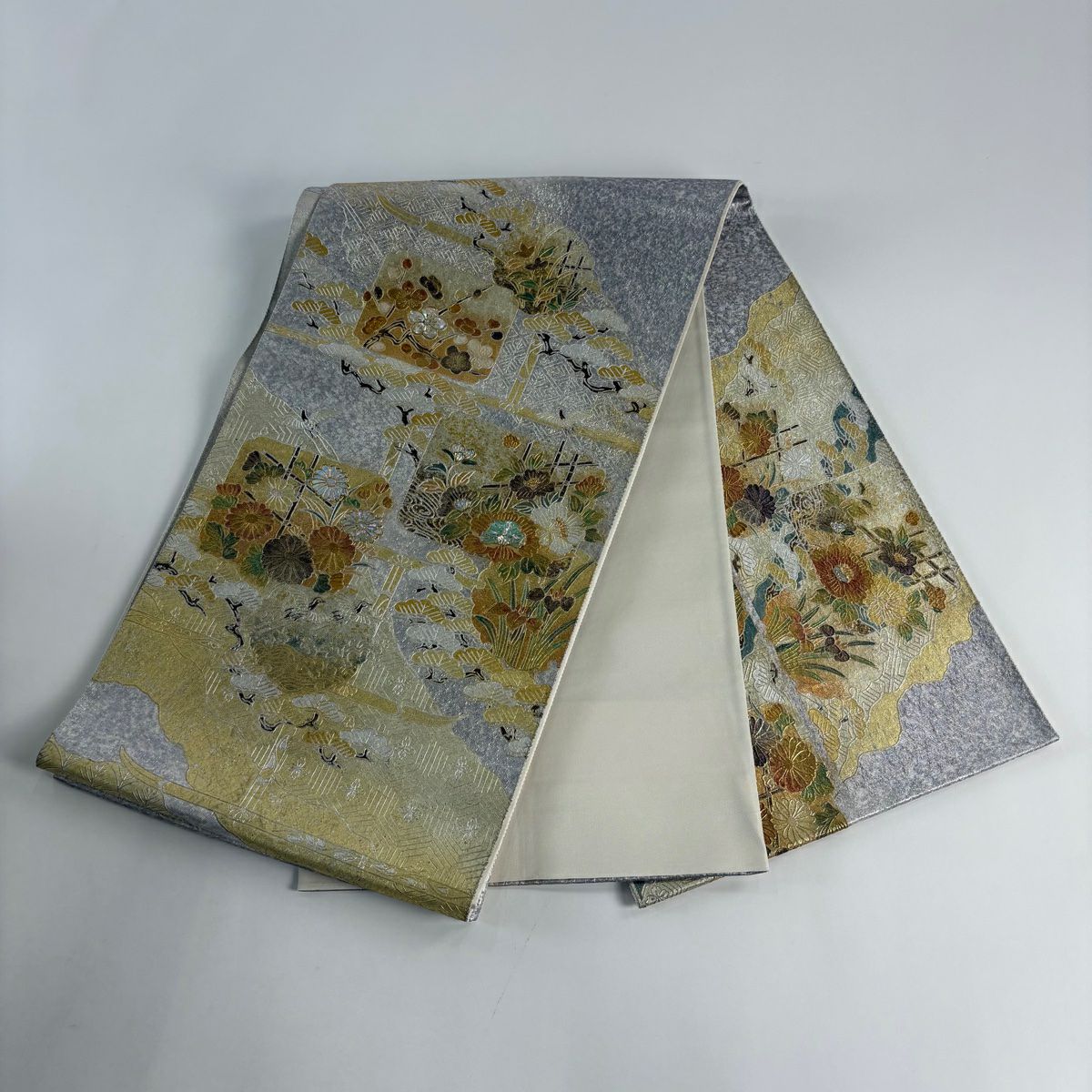 袋帶 秀品級 松樹 花鳥 金銀彩 銀絲 銀色 大鼓圖案 純蠶絲
