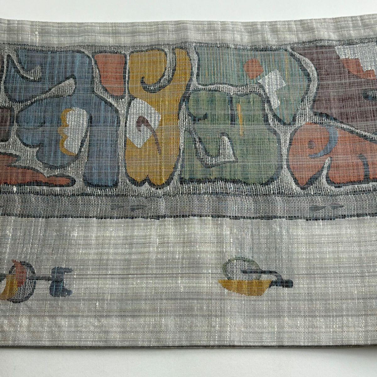 【美品】 袋帶 秀品級 幾何圖案 草花紋 金銀線 灰色 六通 純蠶絲
