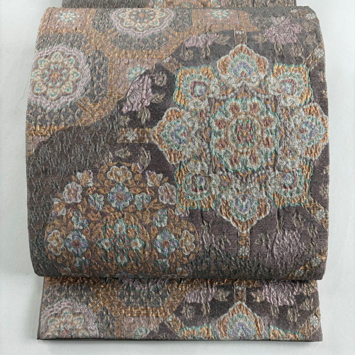 【美品】 袋帶 秀品級 華紋 蜀江文 金金箔 灰茶 六通 純蠶絲