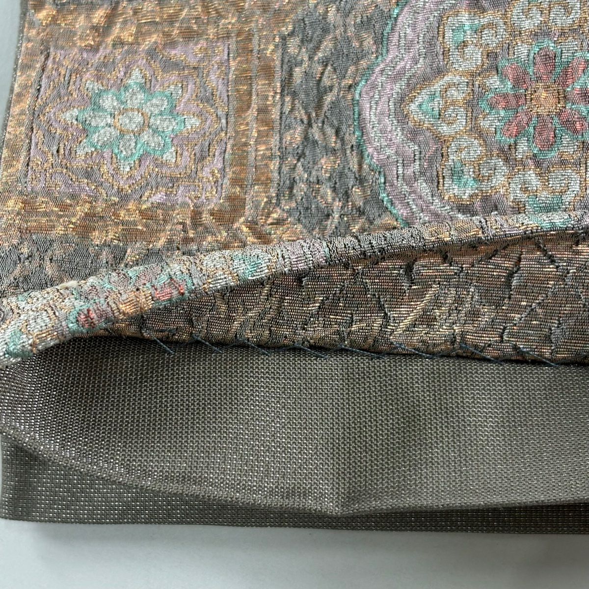 【美品】 袋帶 秀品級 華紋 蜀江文 金金箔 灰茶 六通 純蠶絲
