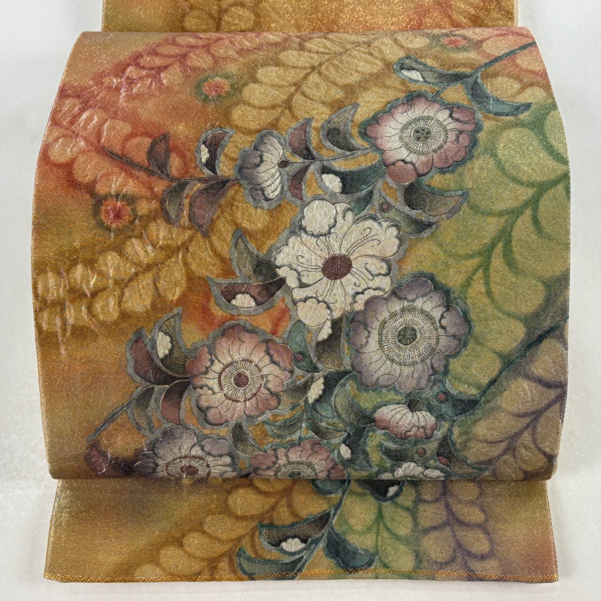 【美品】 袋帶 名品級 辻花染 金金箔 茶色 お太鼓圖案 純蠶絲