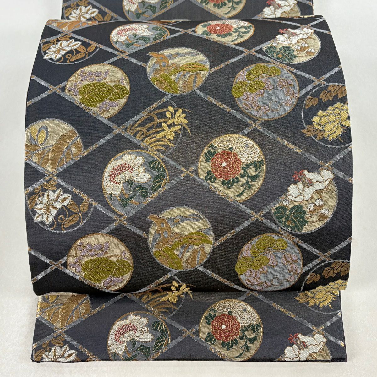 【美品】 袋帶 名品級 草花紋紋 菱 金絲 金金箔 青灰 全通 純蠶絲