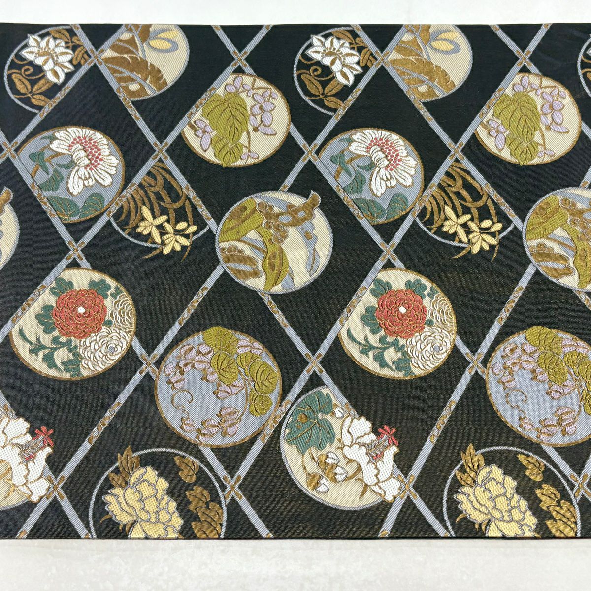 【美品】 袋帶 名品級 草花紋紋 菱 金絲 金金箔 青灰 全通 純蠶絲