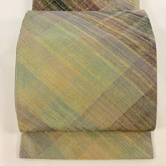 【美品】 袋帶 名品級 斜格紋 金絲 紫 全通 純蠶絲