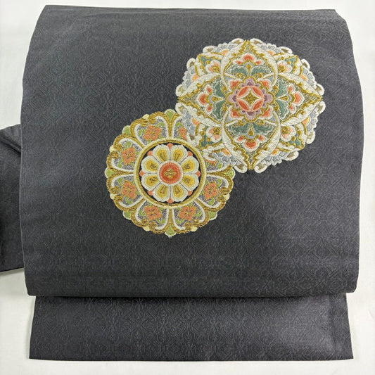 【美品】名古屋帶 秀品級 華紋 花 金銀彩 金金箔 灰色 純蠶絲