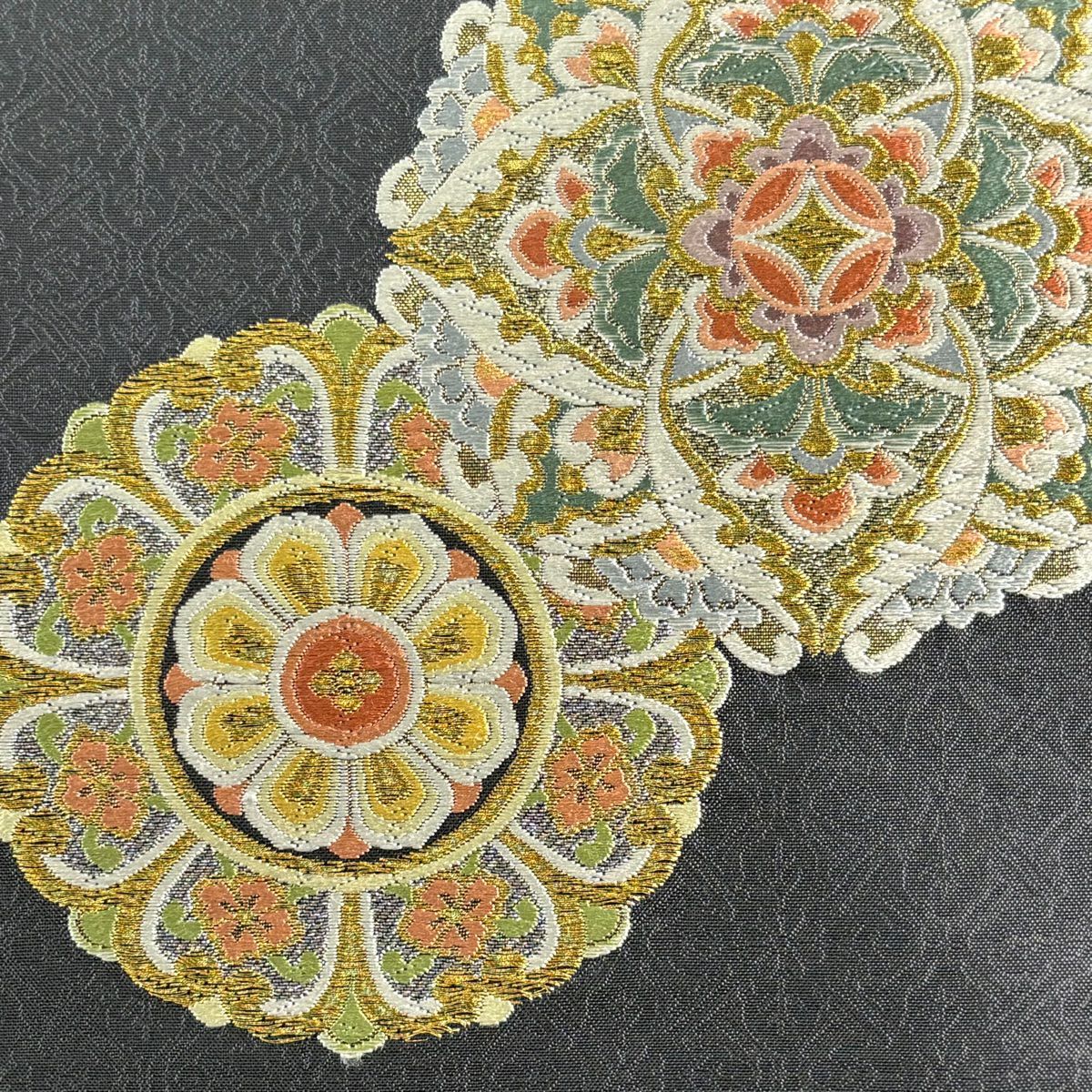 【美品】名古屋帶 秀品級 華紋 花 金銀彩 金金箔 灰色 純蠶絲