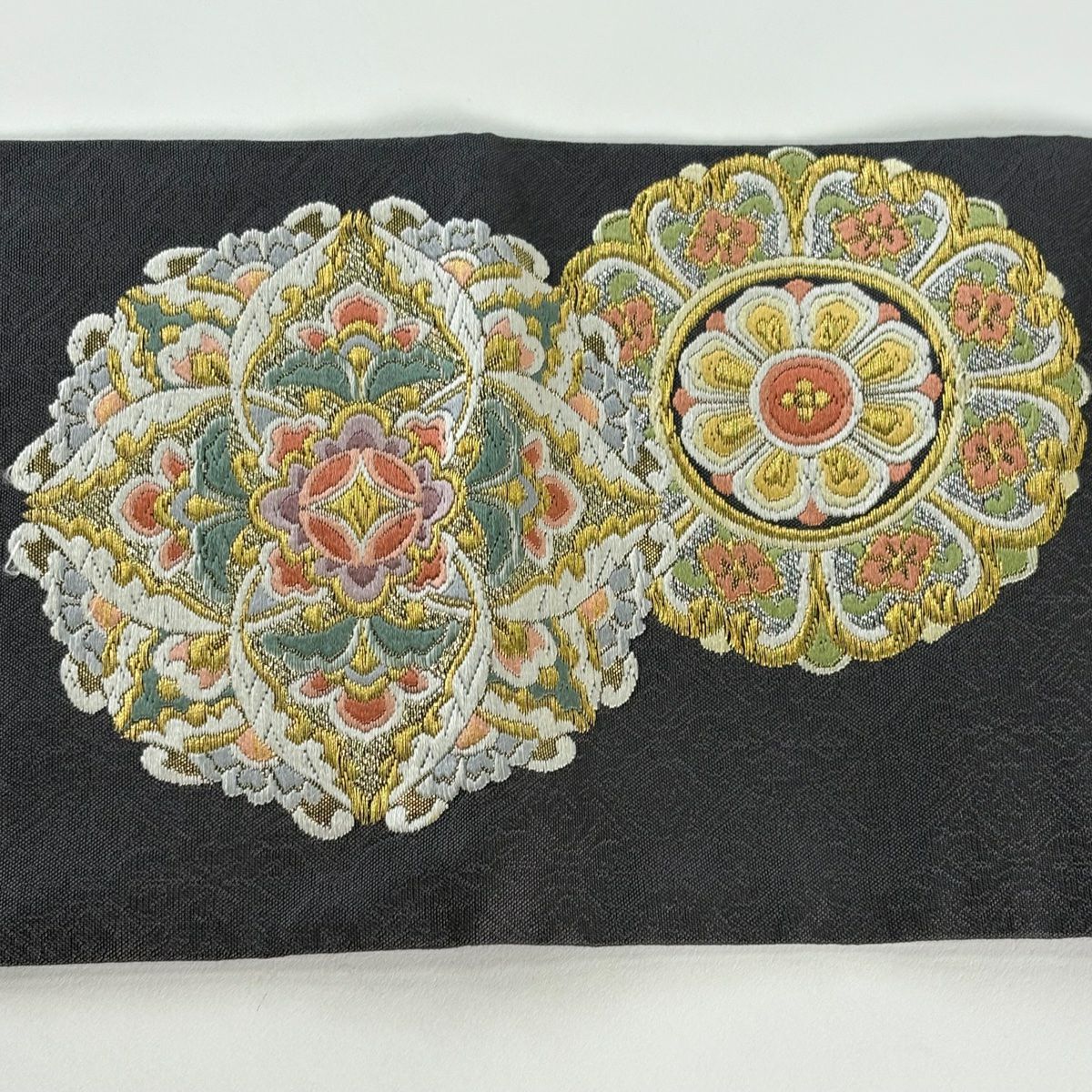 【美品】名古屋帶 秀品級 華紋 花 金銀彩 金金箔 灰色 純蠶絲