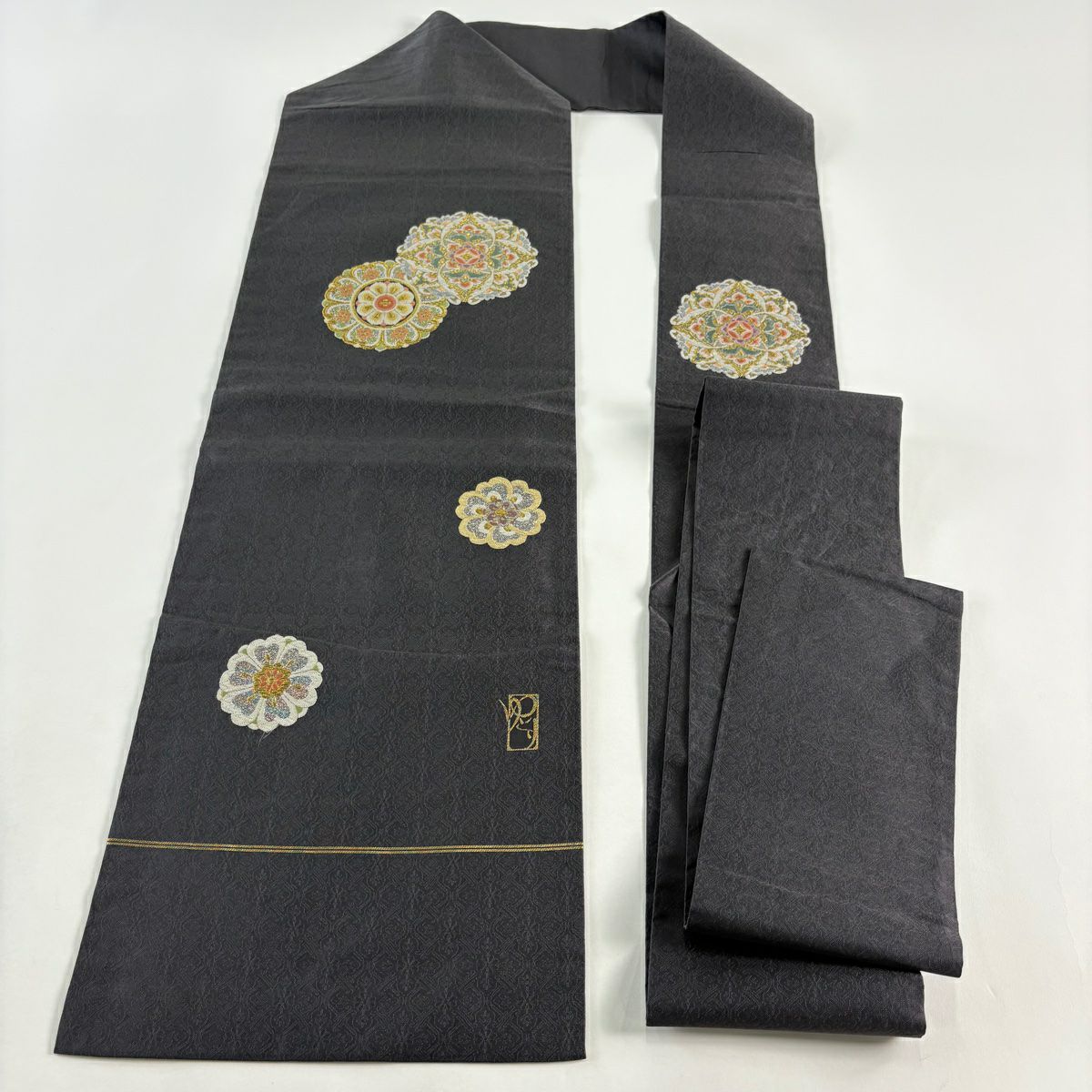 【美品】名古屋帶 秀品級 華紋 花 金銀彩 金金箔 灰色 純蠶絲