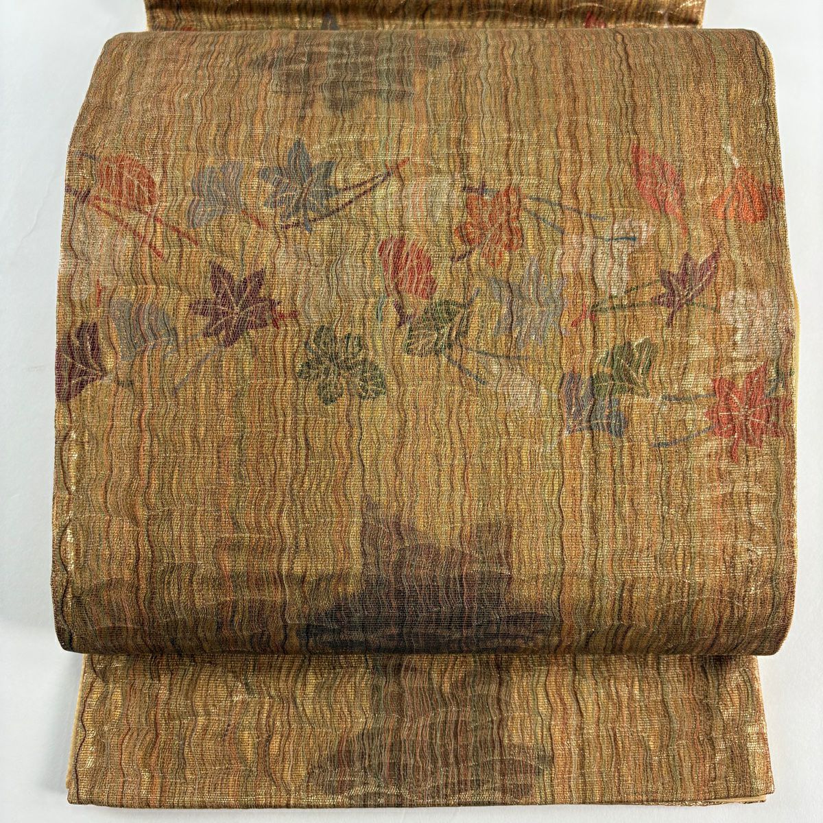 【美品】 袋帶 秀品級 吹寄 芝 金金箔 金絲 山吹茶 六通 純蠶絲
