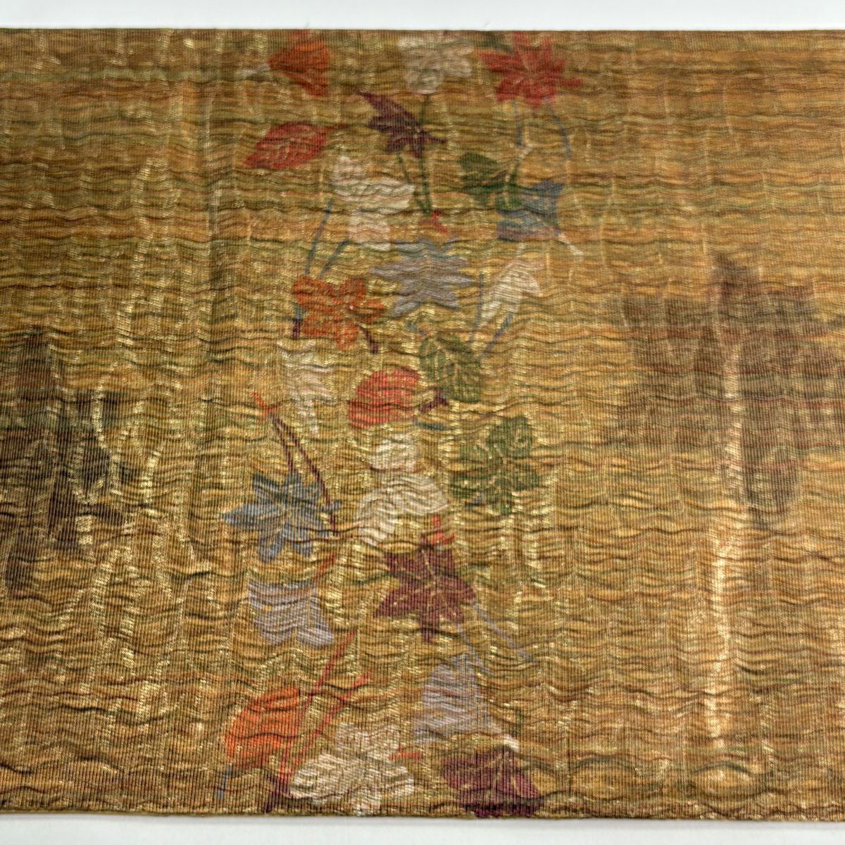 【美品】 袋帶 秀品級 吹寄 芝 金金箔 金絲 山吹茶 六通 純蠶絲
