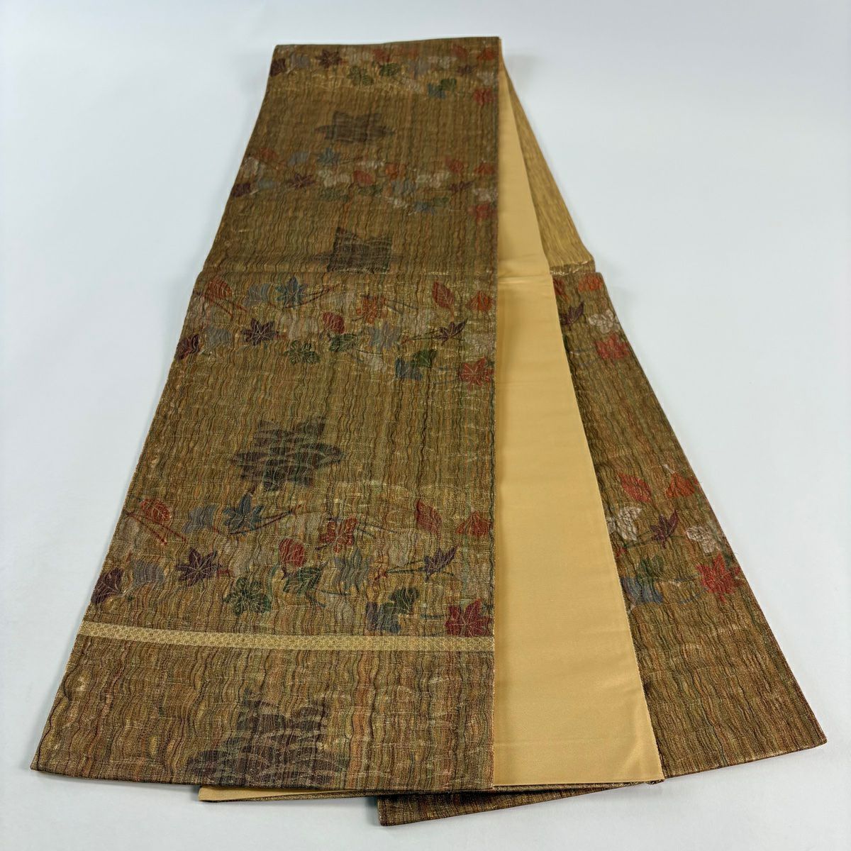 【美品】 袋帶 秀品級 吹寄 芝 金金箔 金絲 山吹茶 六通 純蠶絲