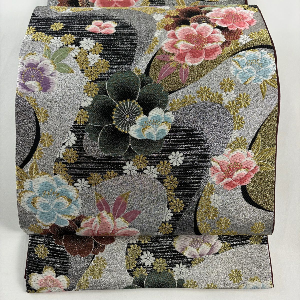 袋帶 秀品級 樱花 霞 金絲 金金箔 黑 六通 純蠶絲