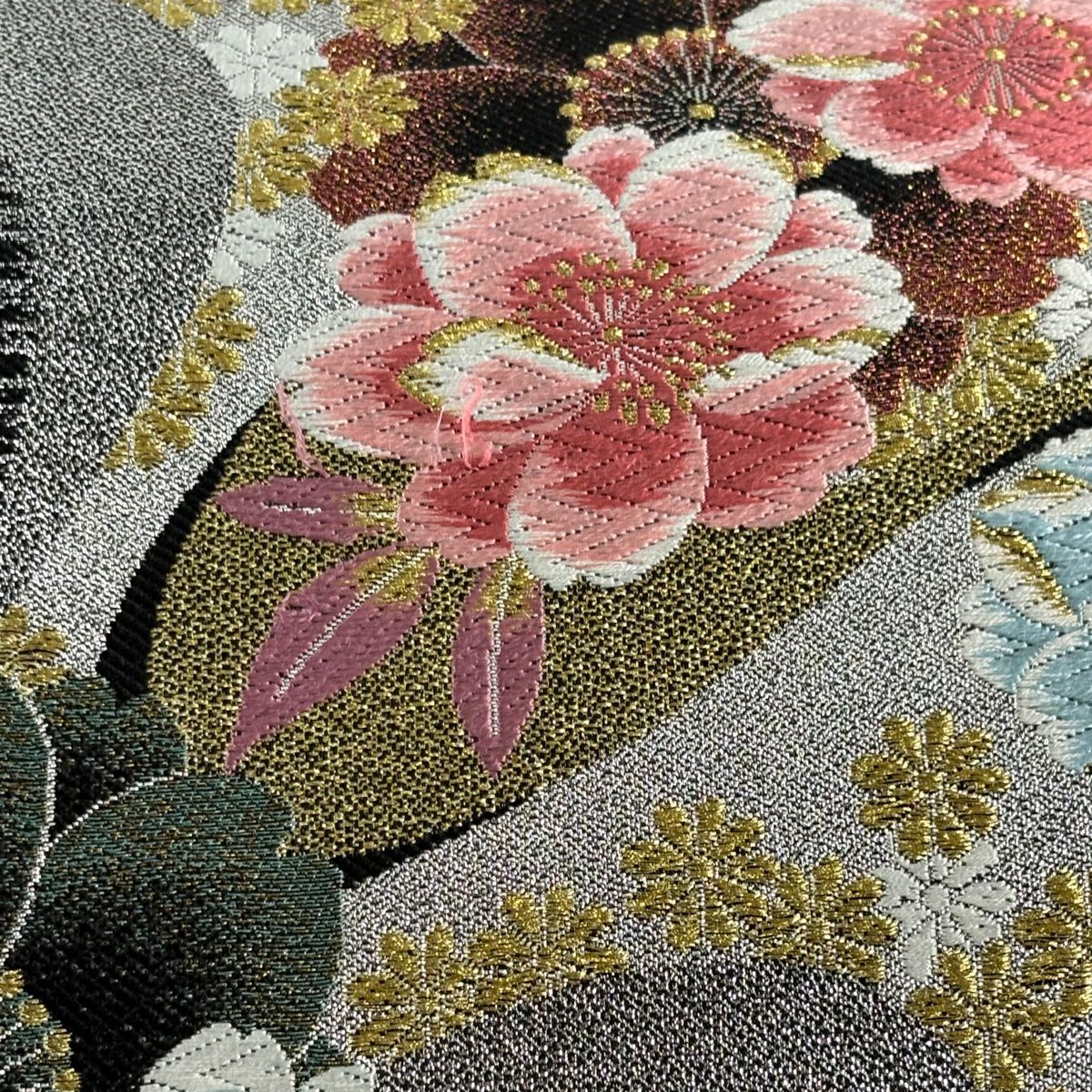 袋帶 秀品級 樱花 霞 金絲 金金箔 黑 六通 純蠶絲