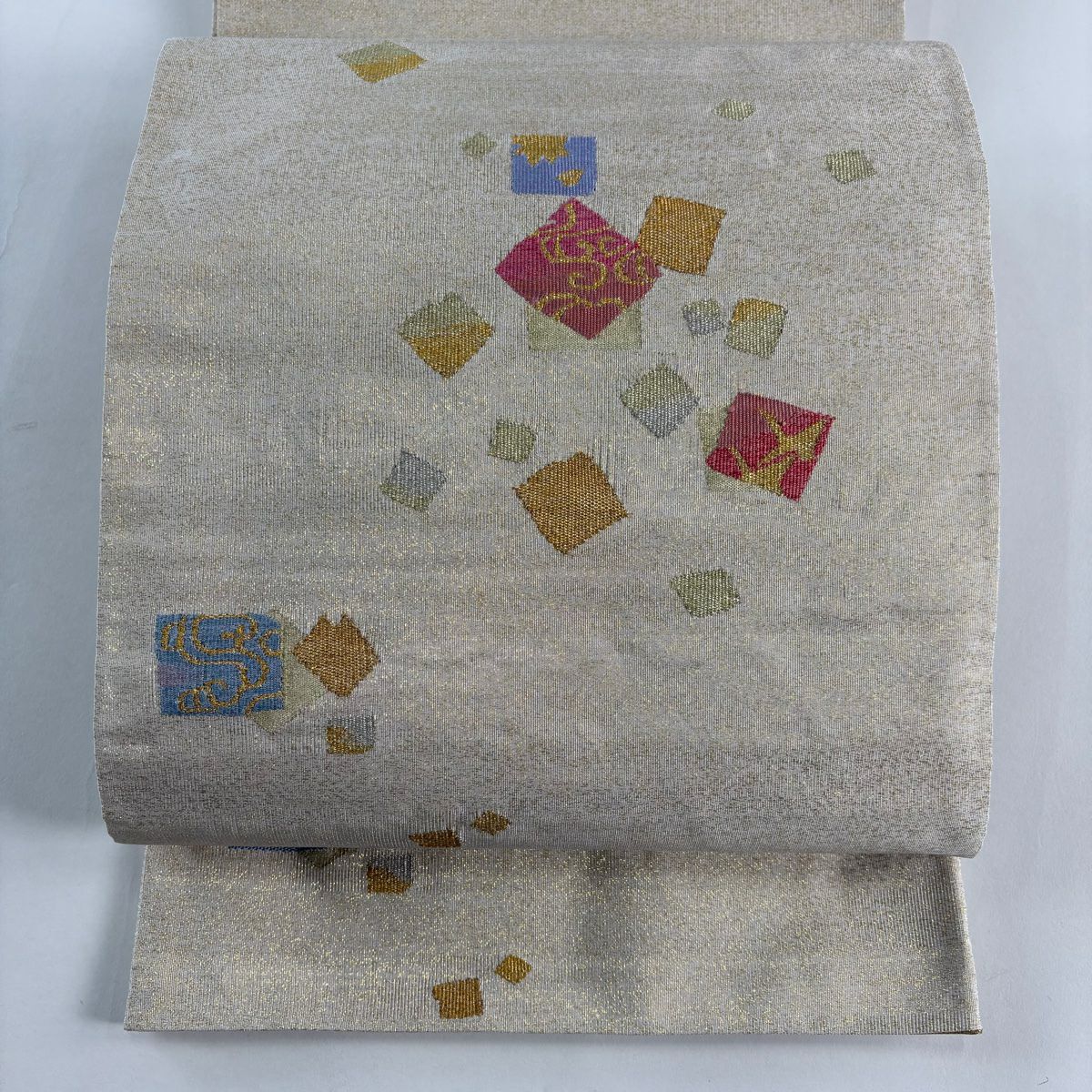 【美品】 袋帶 秀品級 色紙 鳥 金銀糸 金金箔 奶油色 お太鼓圖案 純蠶絲