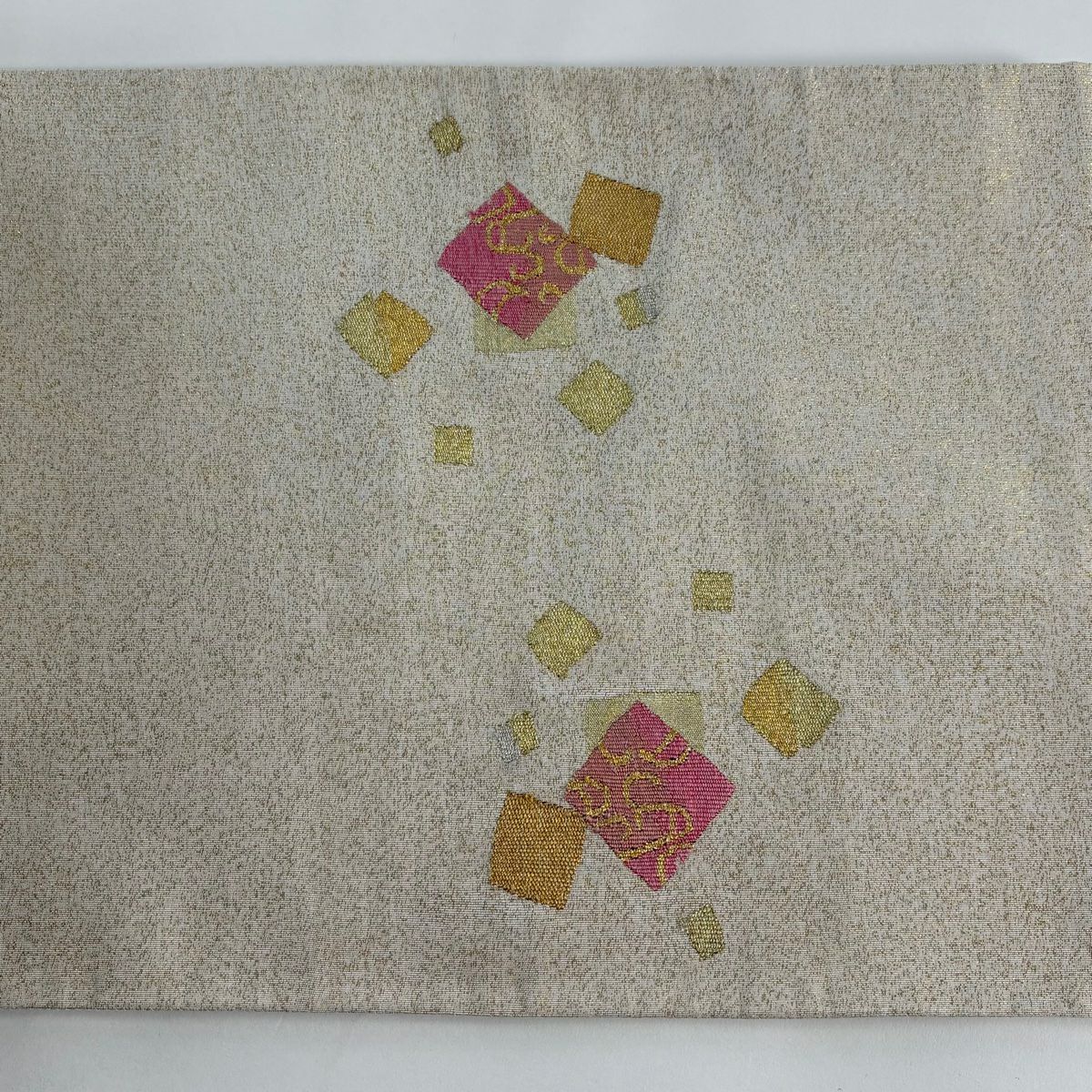 【美品】 袋帶 秀品級 色紙 鳥 金銀糸 金金箔 奶油色 お太鼓圖案 純蠶絲