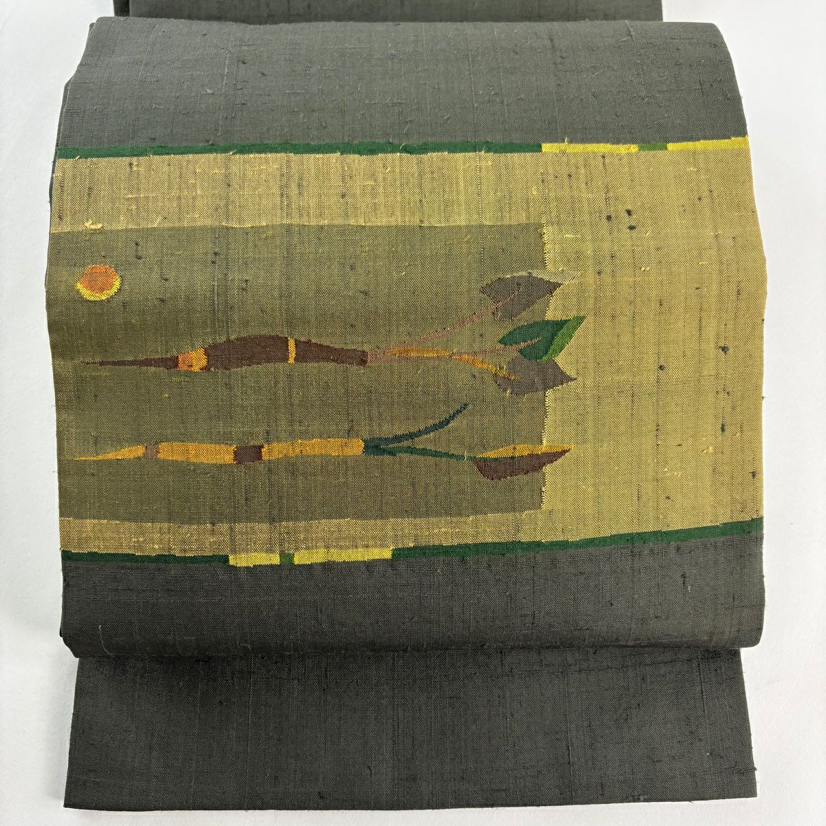 【美品】 開口名古屋帶 優品級 有落款 紬織織 深綠 純蠶絲