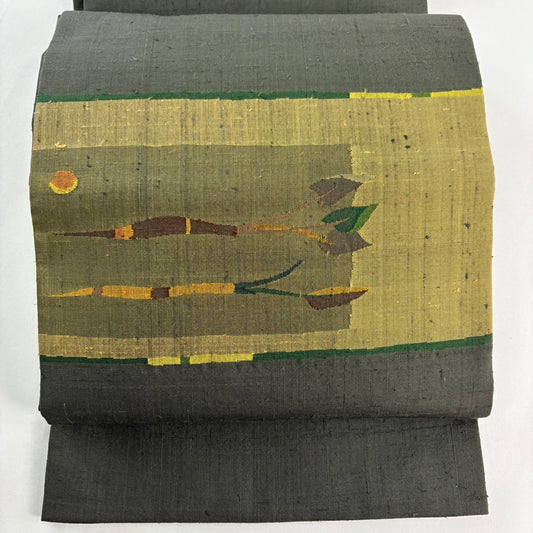 【美品】 開口名古屋帶 優品級 有落款 紬織織 深綠 純蠶絲