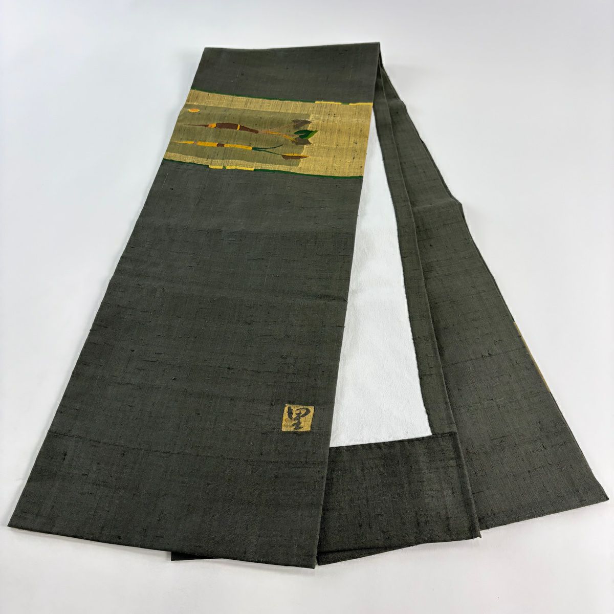 【美品】 開口名古屋帶 優品級 有落款 紬織織 深綠 純蠶絲