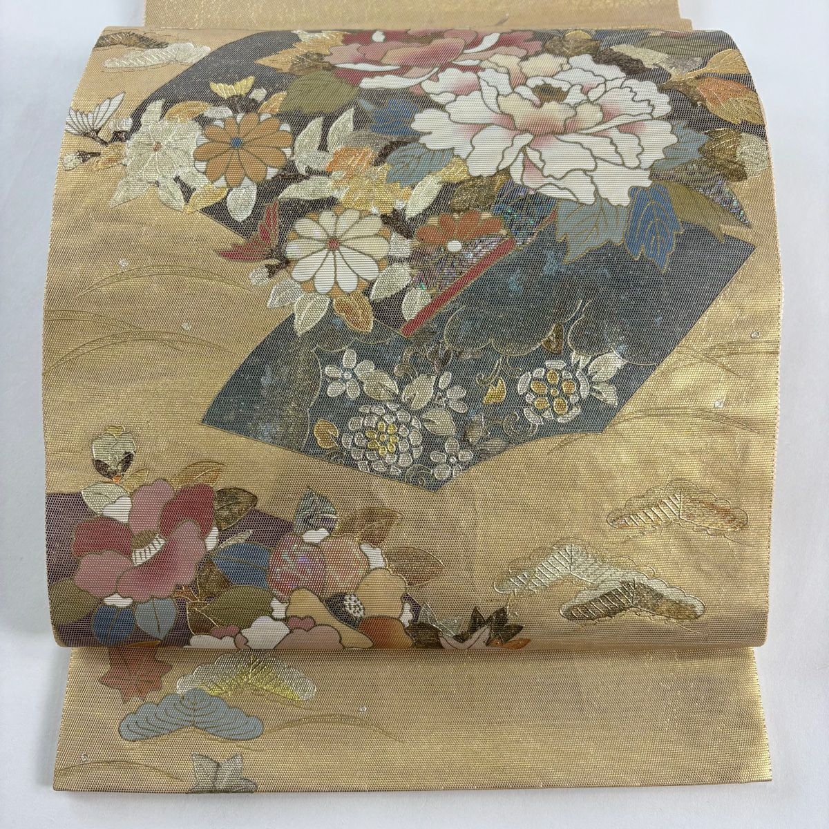 袋帶 秀品級 附有落款 扇子面 草花紋 金銀彩 螺鈿 金色 大鼓圖案 純蠶絲