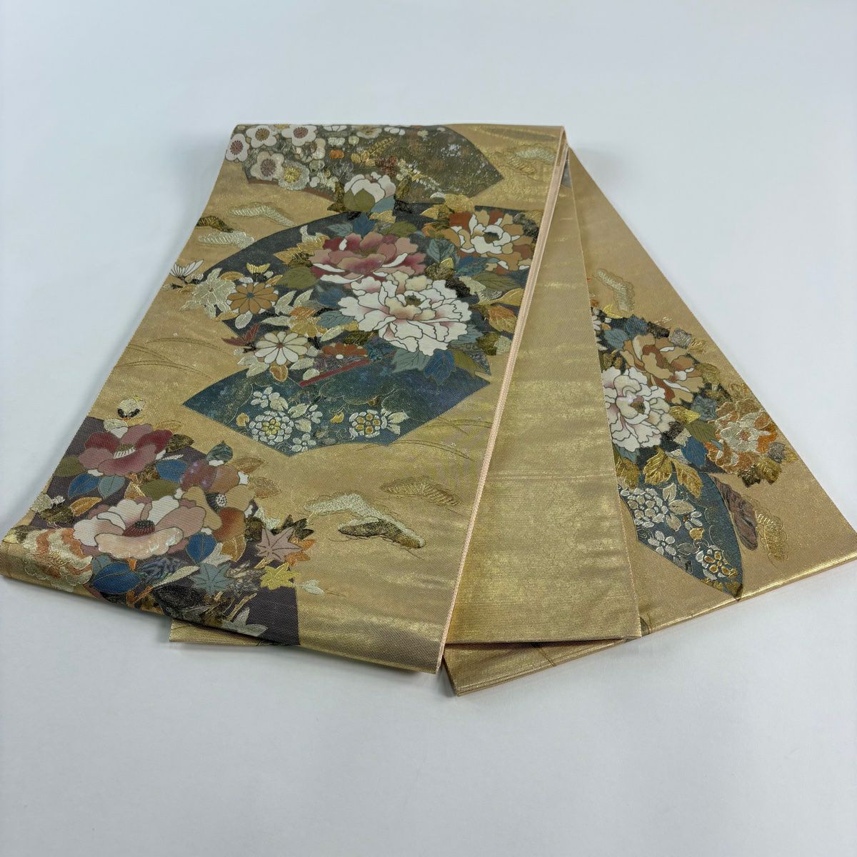 袋帶 秀品級 附有落款 扇子面 草花紋 金銀彩 螺鈿 金色 大鼓圖案 純蠶絲