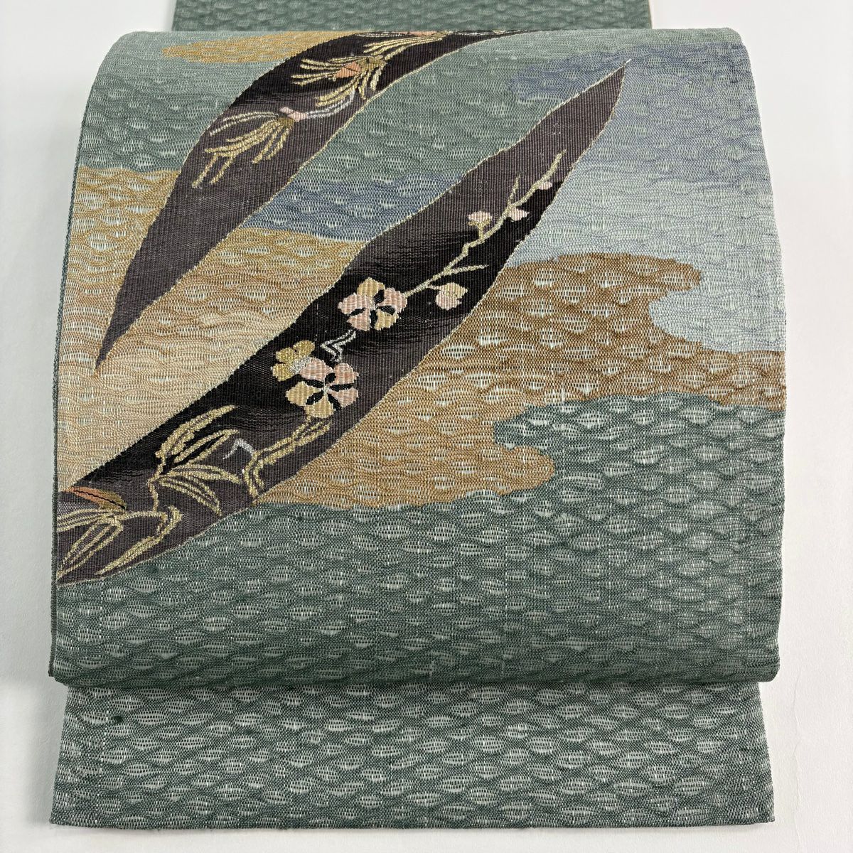 袋帶 秀品級 霞 松樹竹子梅花 灰綠 お太鼓圖案 純蠶絲
