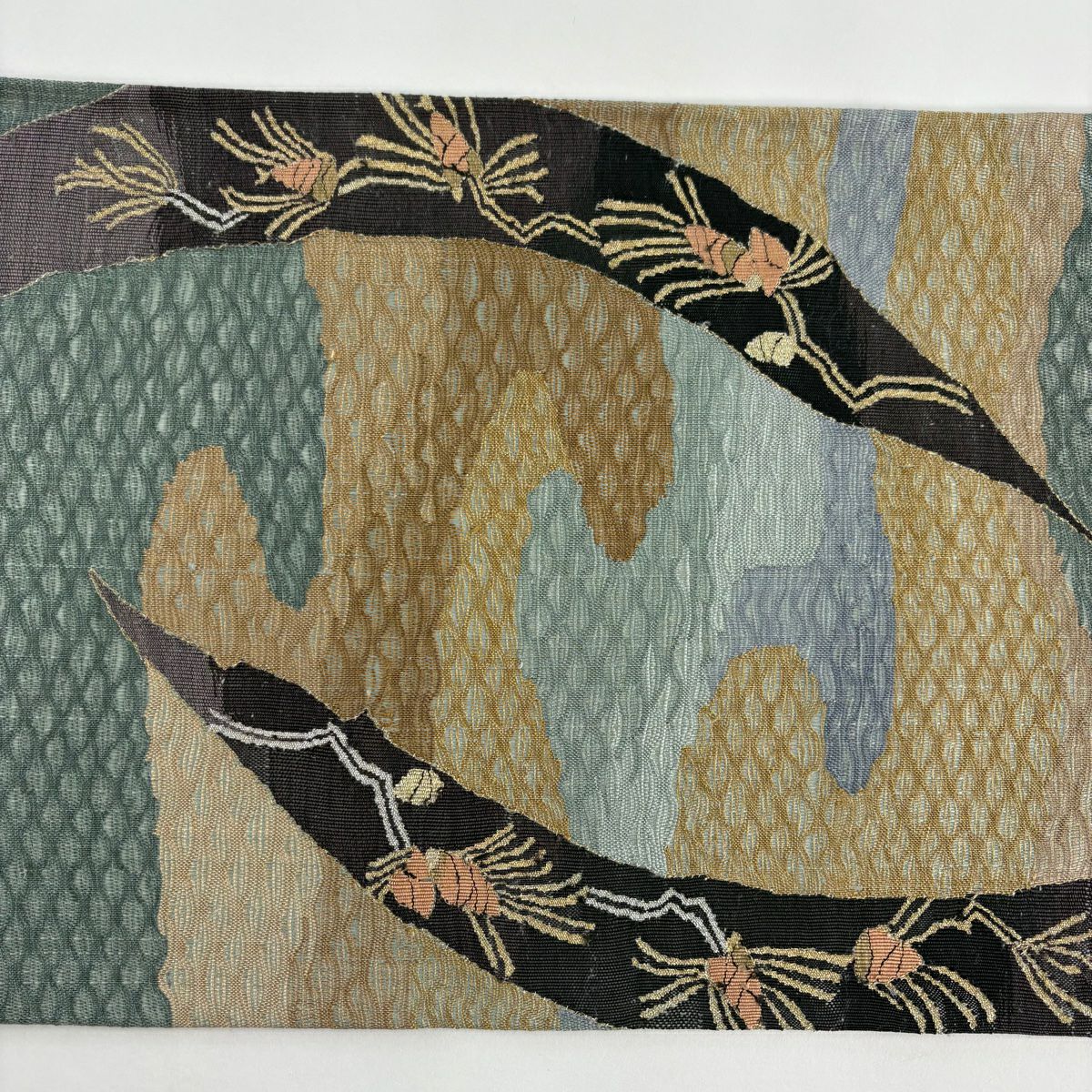 袋帶 秀品級 霞 松樹竹子梅花 灰綠 お太鼓圖案 純蠶絲