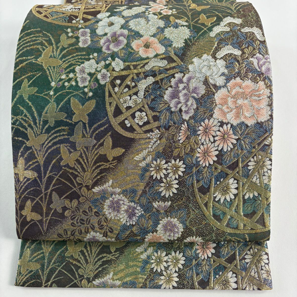 【美品】 袋帶 秀品級 花籠 蝶 金糸 金金箔 青綠 六通 純蠶絲