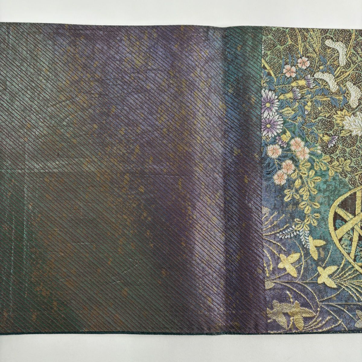 【美品】 袋帶 秀品級 花籠 蝶 金糸 金金箔 青綠 六通 純蠶絲