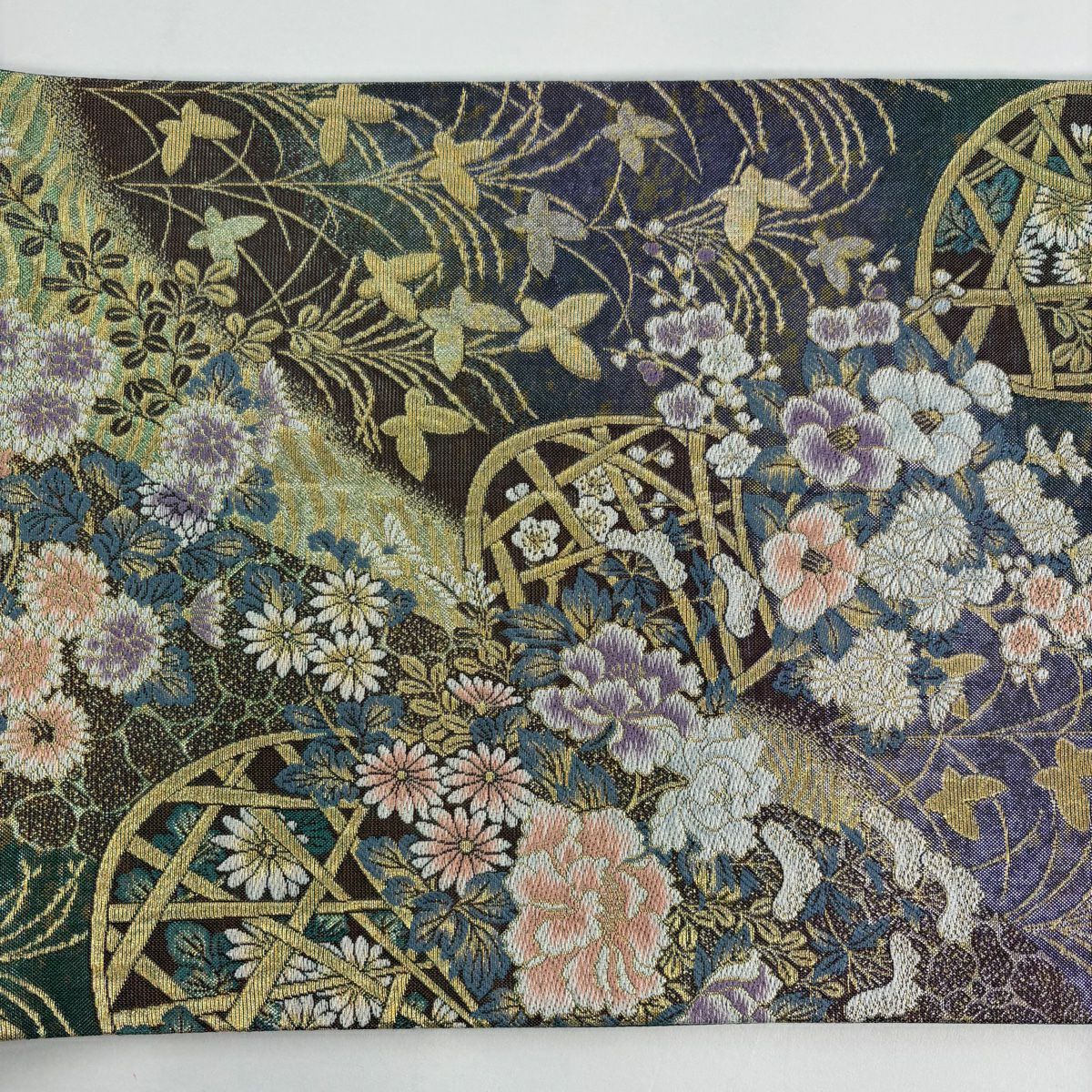 【美品】 袋帶 秀品級 花籠 蝶 金糸 金金箔 青綠 六通 純蠶絲