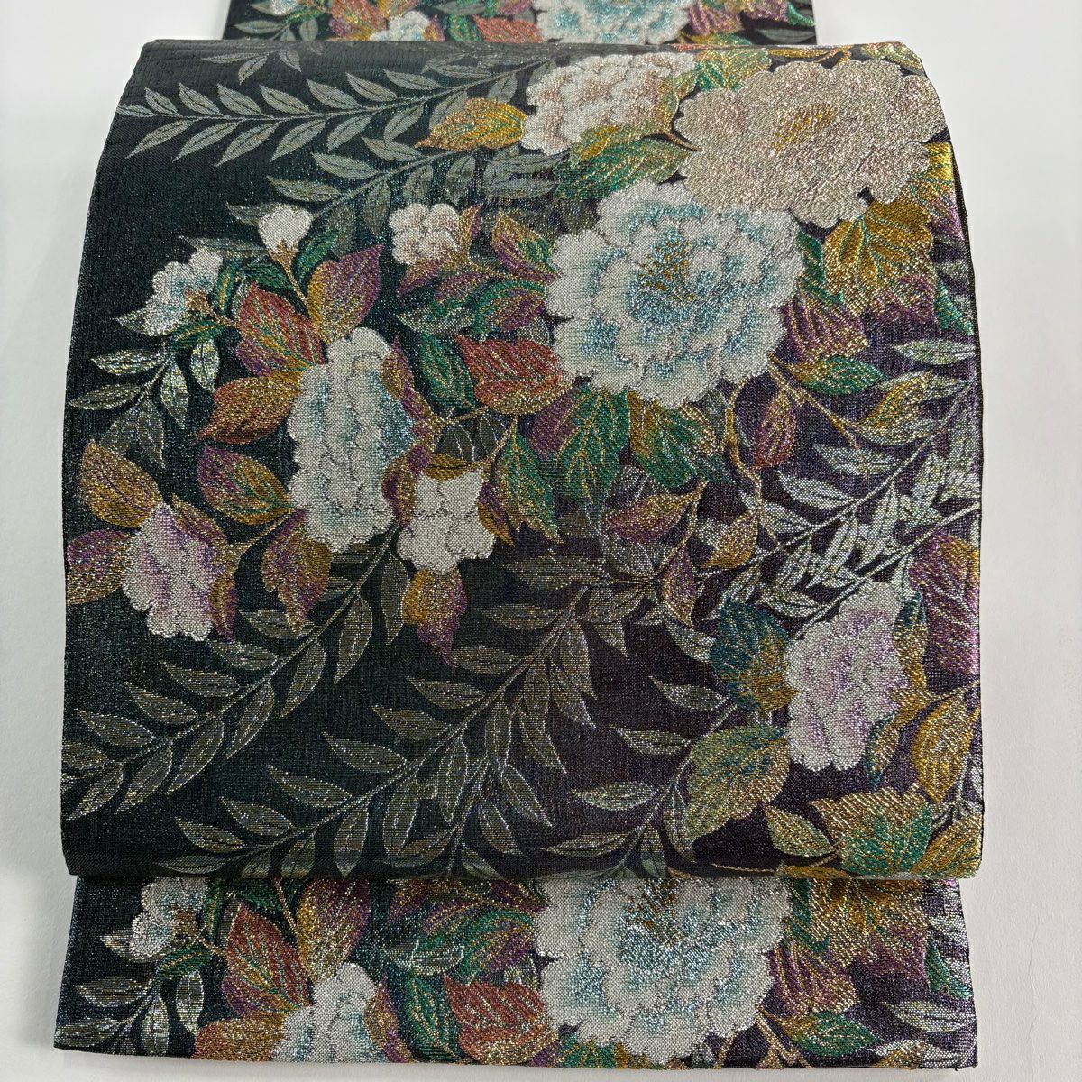 【美品】 袋帶 秀品級 草花紋紋 金金箔 青綠 六通 純蠶絲