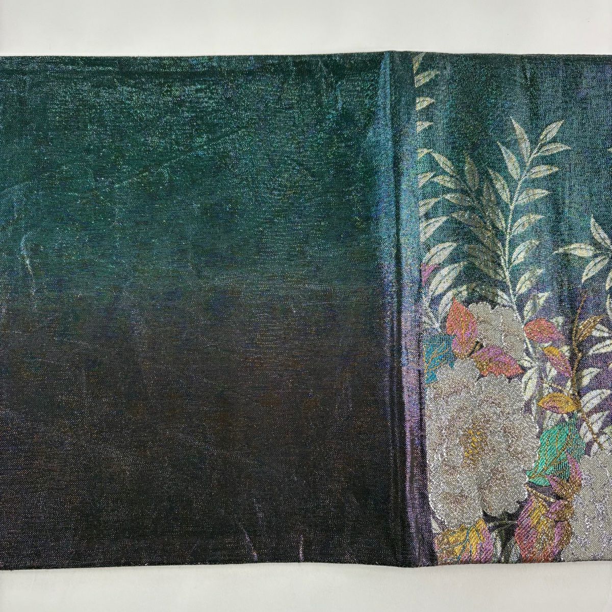【美品】 袋帶 秀品級 草花紋紋 金金箔 青綠 六通 純蠶絲
