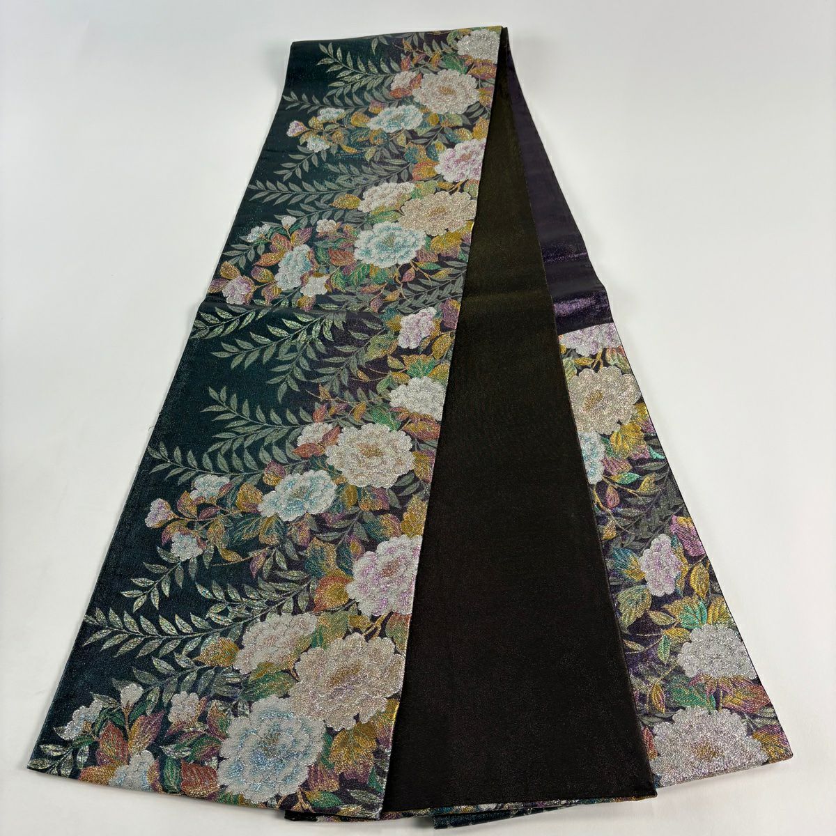 【美品】 袋帶 秀品級 草花紋紋 金金箔 青綠 六通 純蠶絲