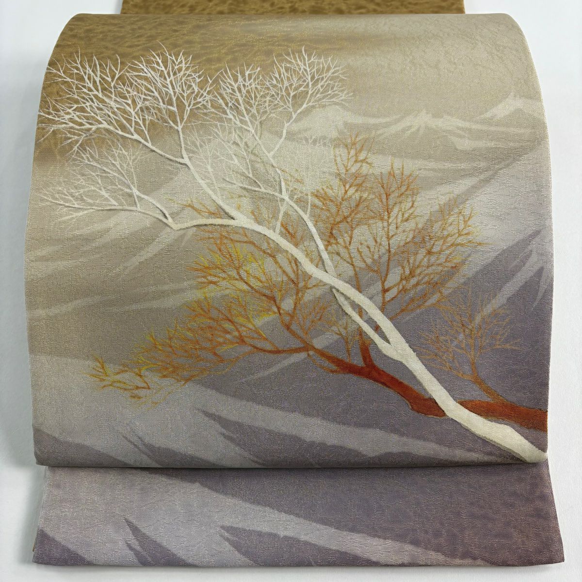 【美品】 袋帶 秀品級 風景 樹木 金糸 薄茶 お太鼓圖案 純蠶絲