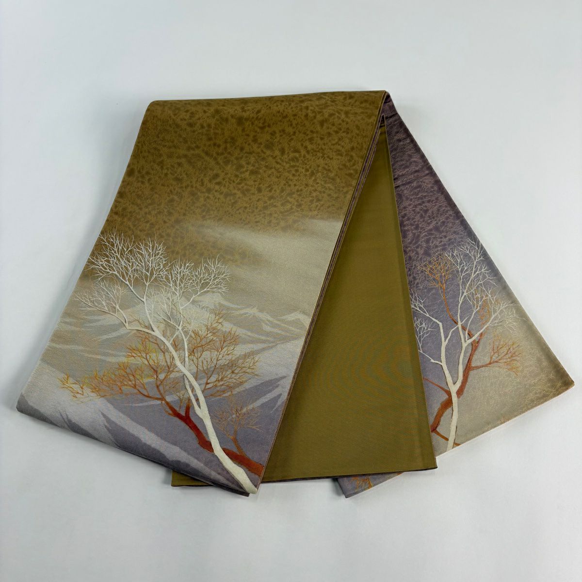 【美品】 袋帶 秀品級 風景 樹木 金糸 薄茶 お太鼓圖案 純蠶絲