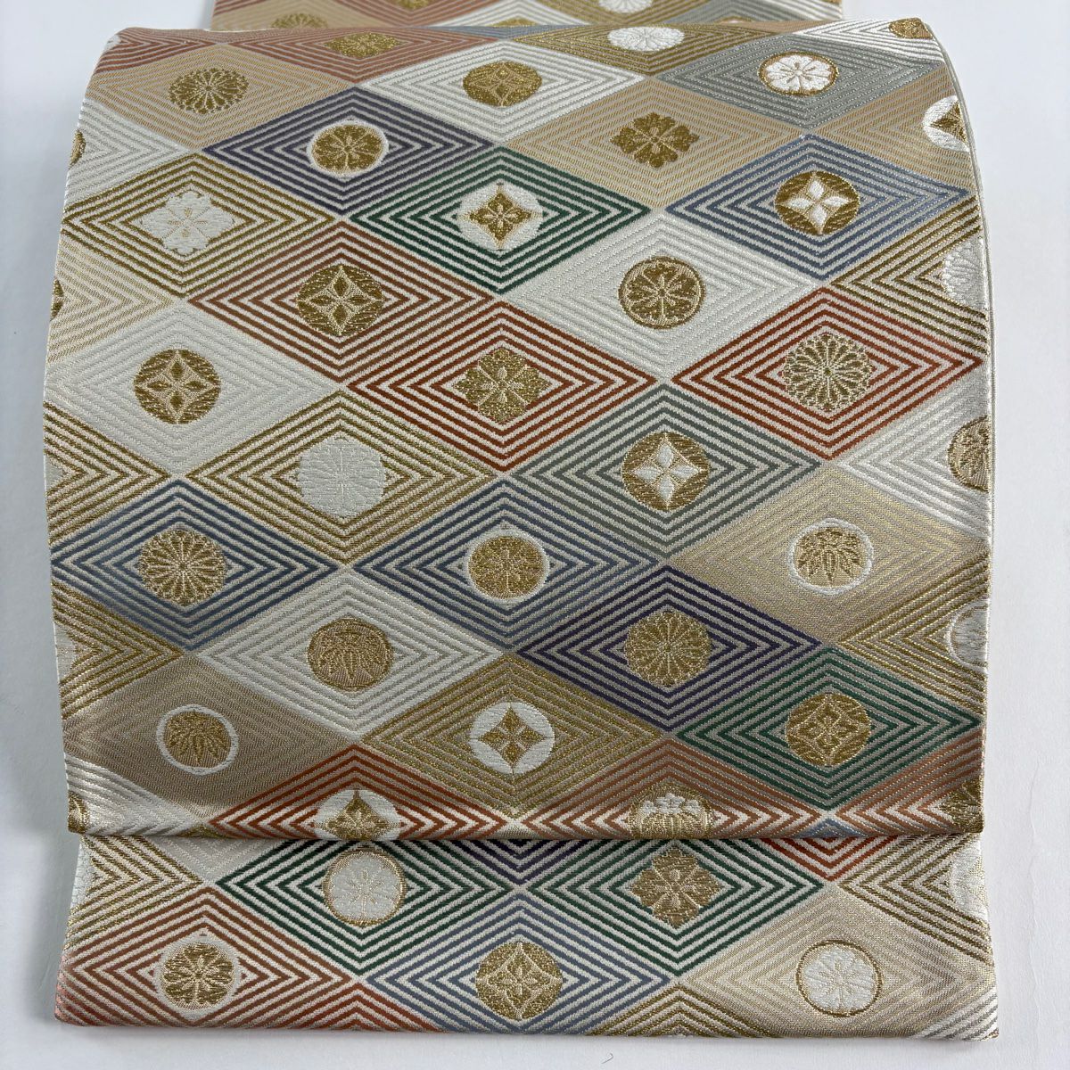 【美品】 袋帶 秀品級 入子菱 花菱 金絲 金金箔 米色 六通 純蠶絲