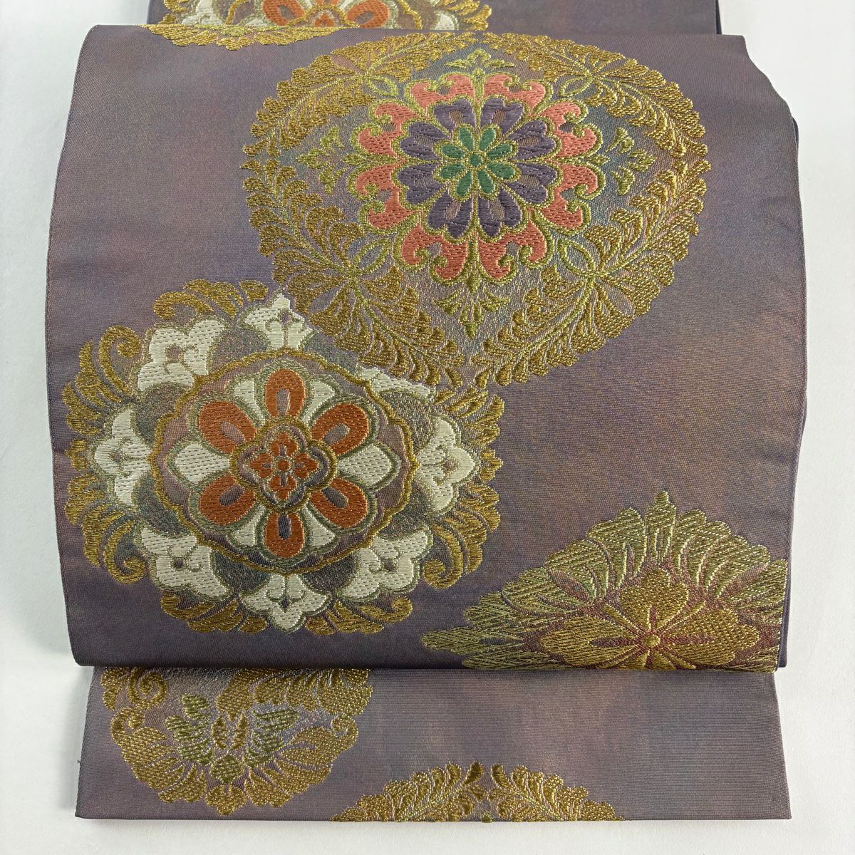 【美品】 袋帶 秀品級 華紋 花菱 金絲 金金箔 紫 六通 純蠶絲