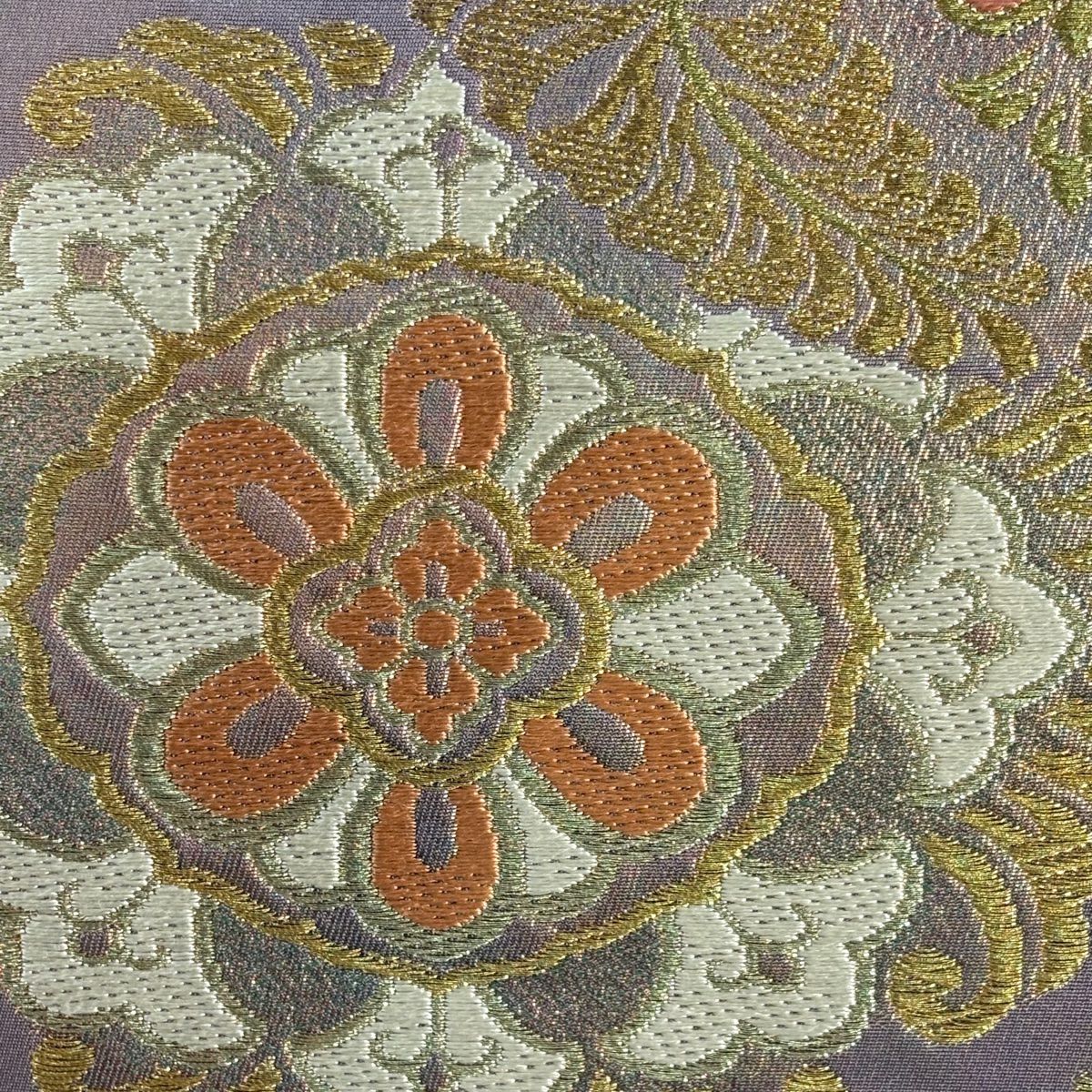 【美品】 袋帶 秀品級 華紋 花菱 金絲 金金箔 紫 六通 純蠶絲