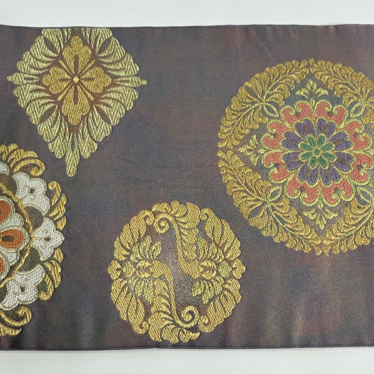 【美品】 袋帶 秀品級 華紋 花菱 金絲 金金箔 紫 六通 純蠶絲