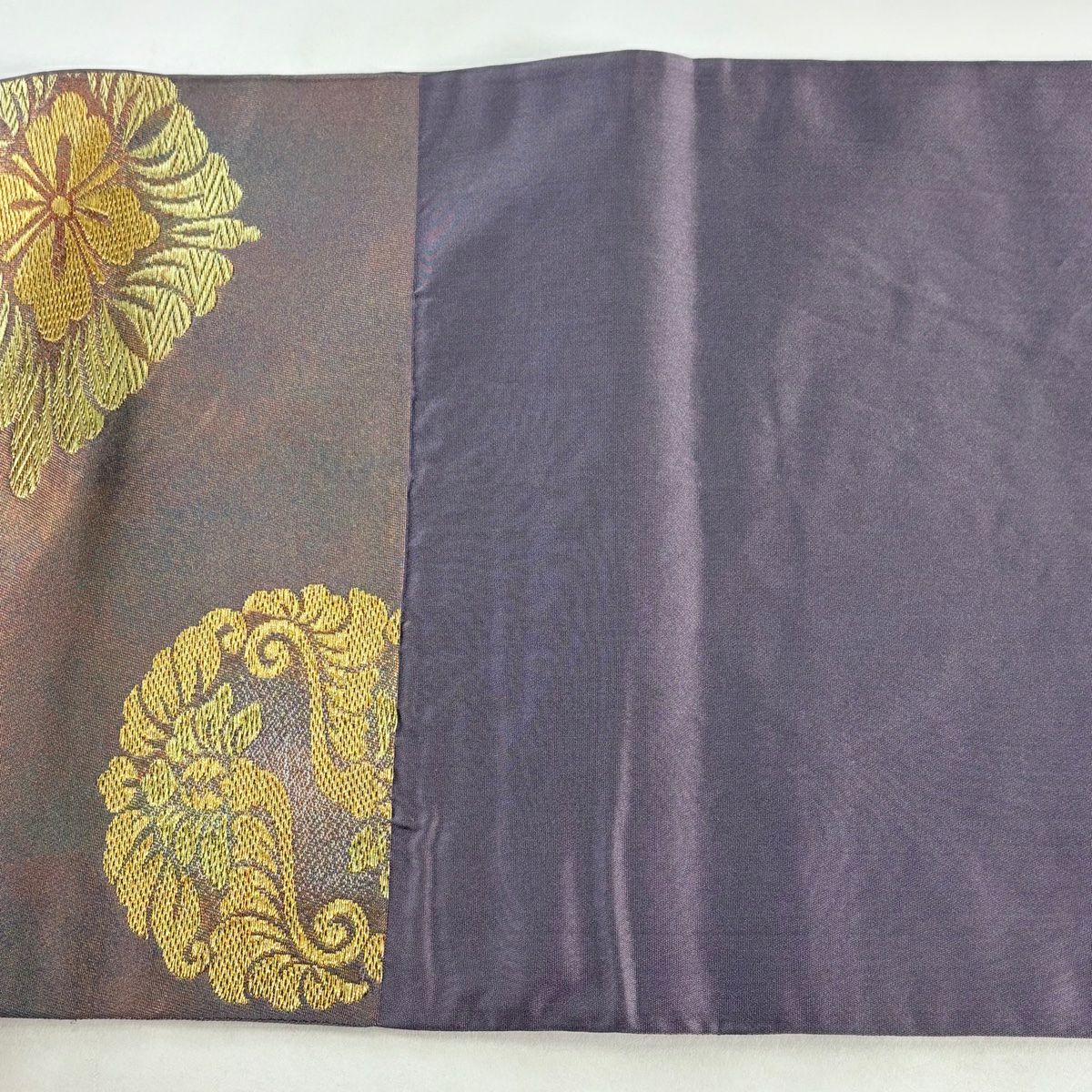 【美品】 袋帶 秀品級 華紋 花菱 金絲 金金箔 紫 六通 純蠶絲