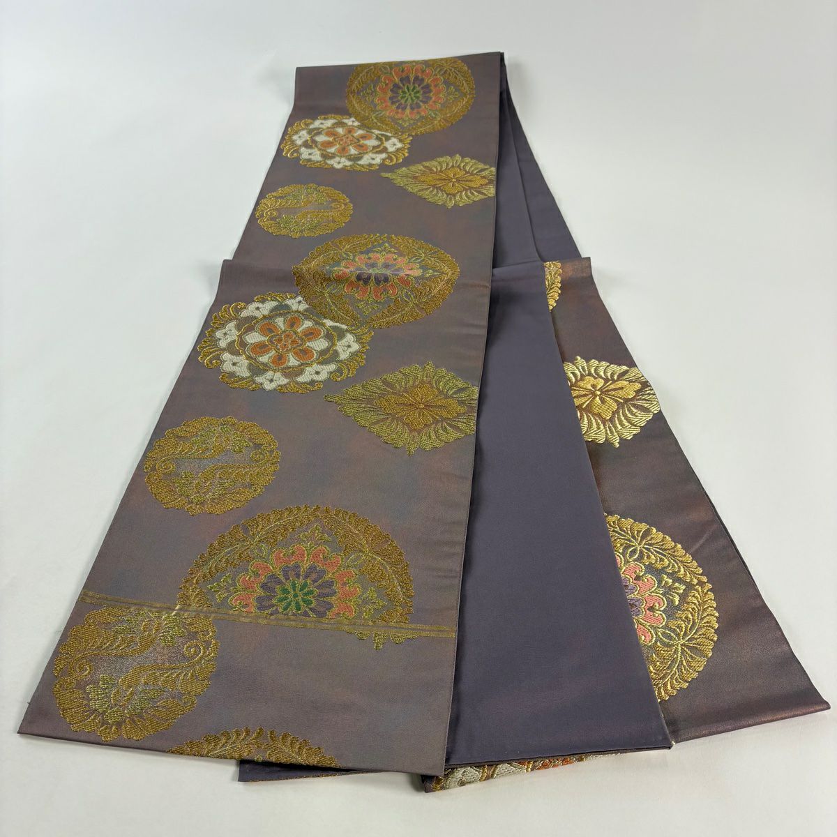 【美品】 袋帶 秀品級 華紋 花菱 金絲 金金箔 紫 六通 純蠶絲