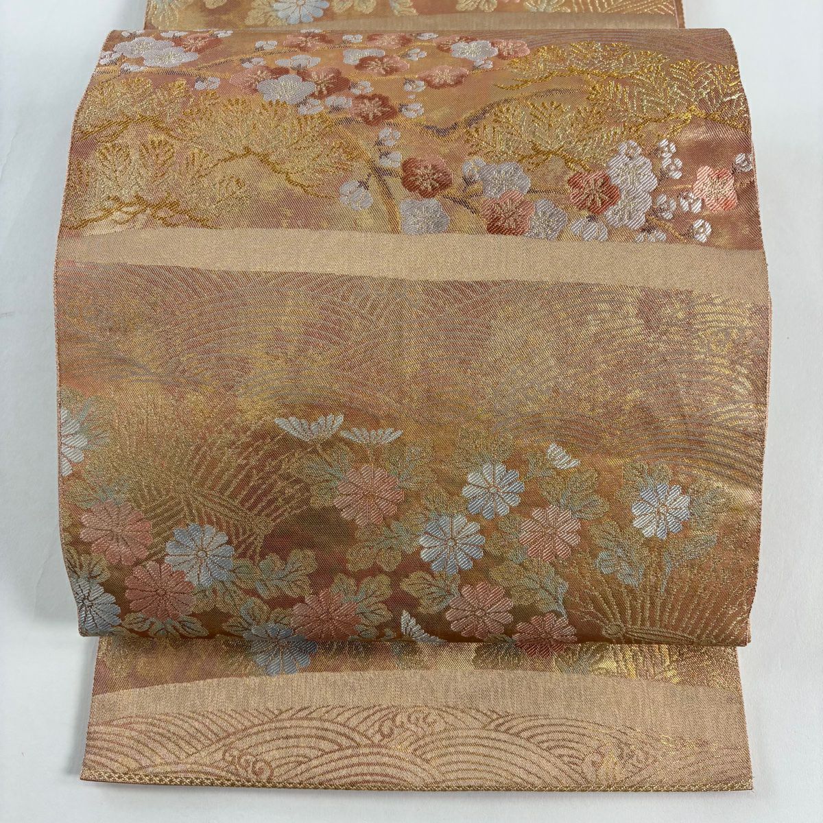 【美品】 袋帶 秀品級 關西仕立 雜梅花 菊花花 金絲 金金箔 橙色 六通 純蠶絲