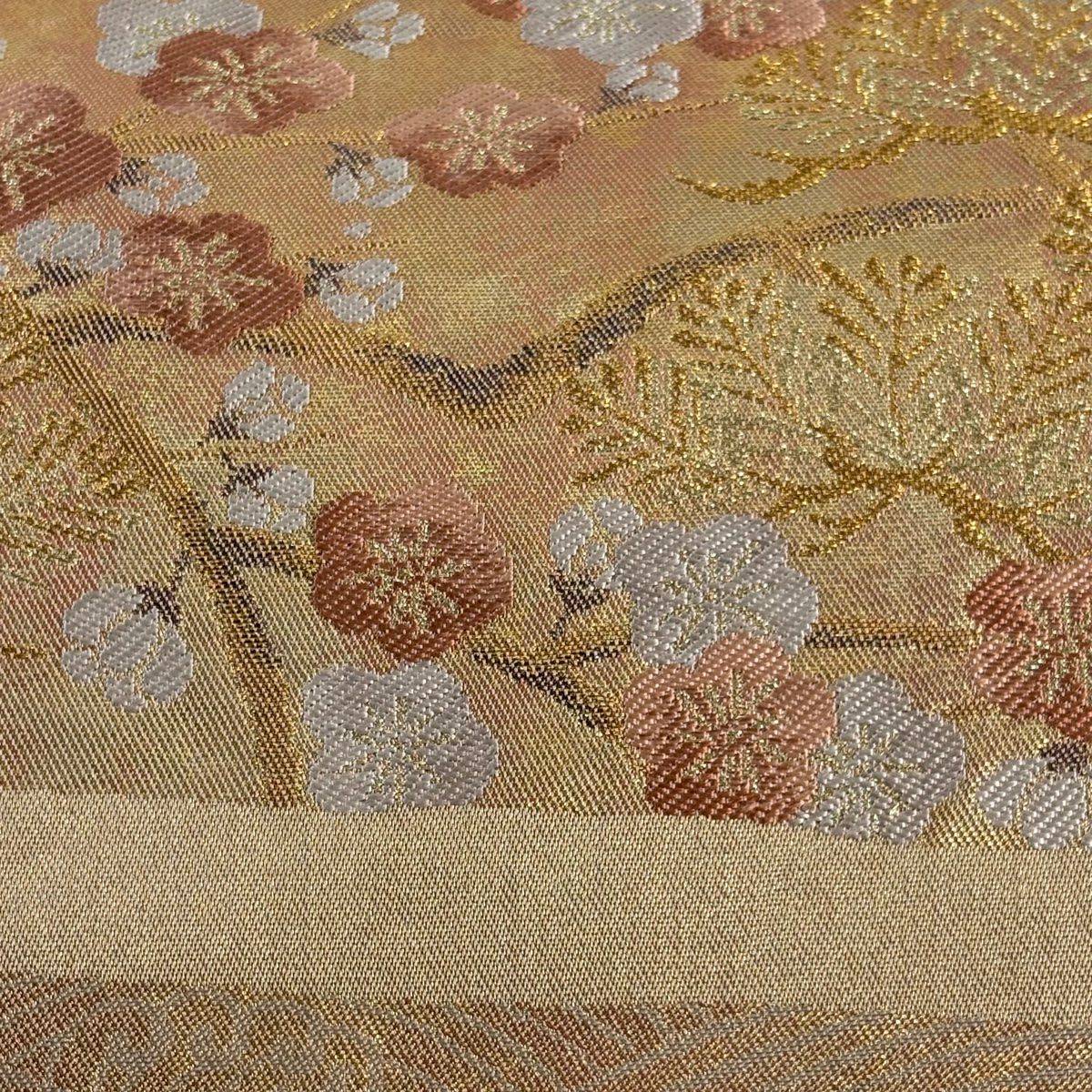 【美品】 袋帶 秀品級 關西仕立 雜梅花 菊花花 金絲 金金箔 橙色 六通 純蠶絲