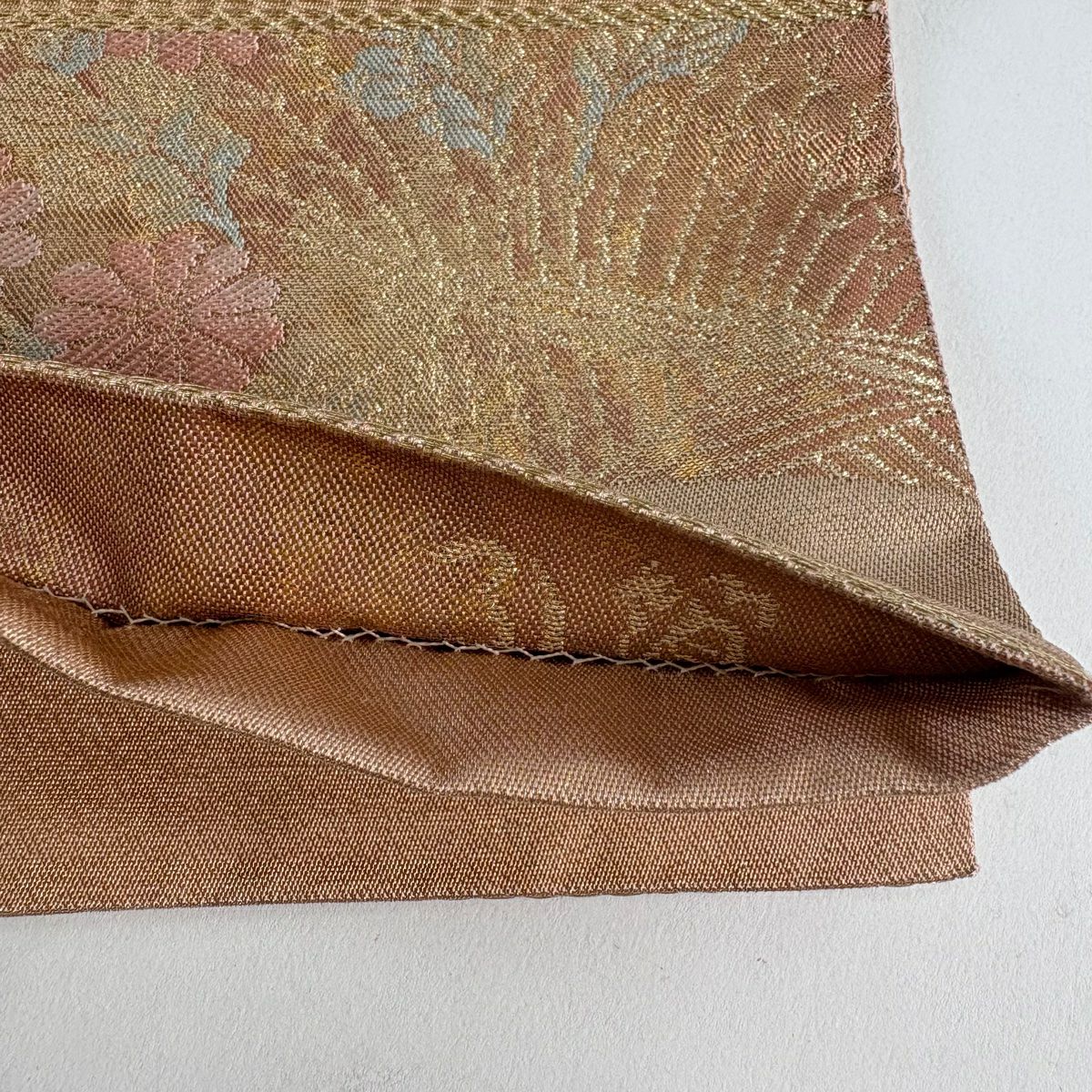 【美品】 袋帶 秀品級 關西仕立 雜梅花 菊花花 金絲 金金箔 橙色 六通 純蠶絲